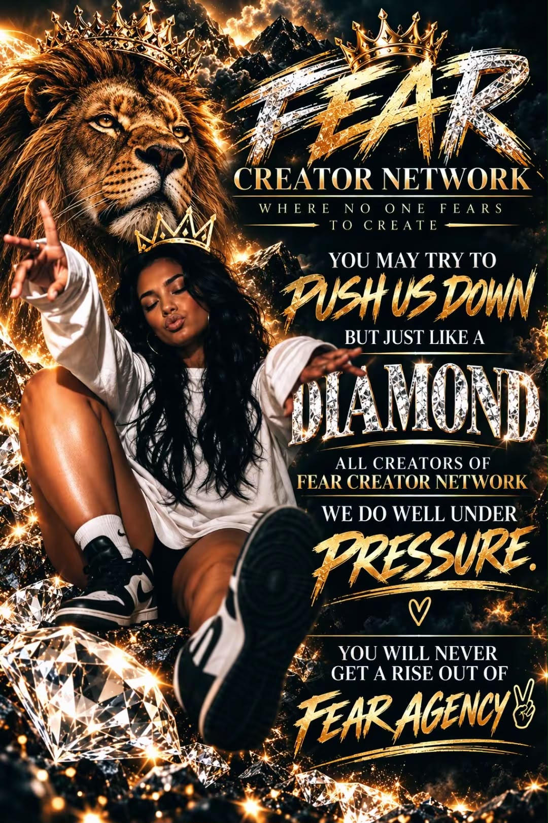 FEAR brand artwork featuring a crowned lion, creator and diamonds